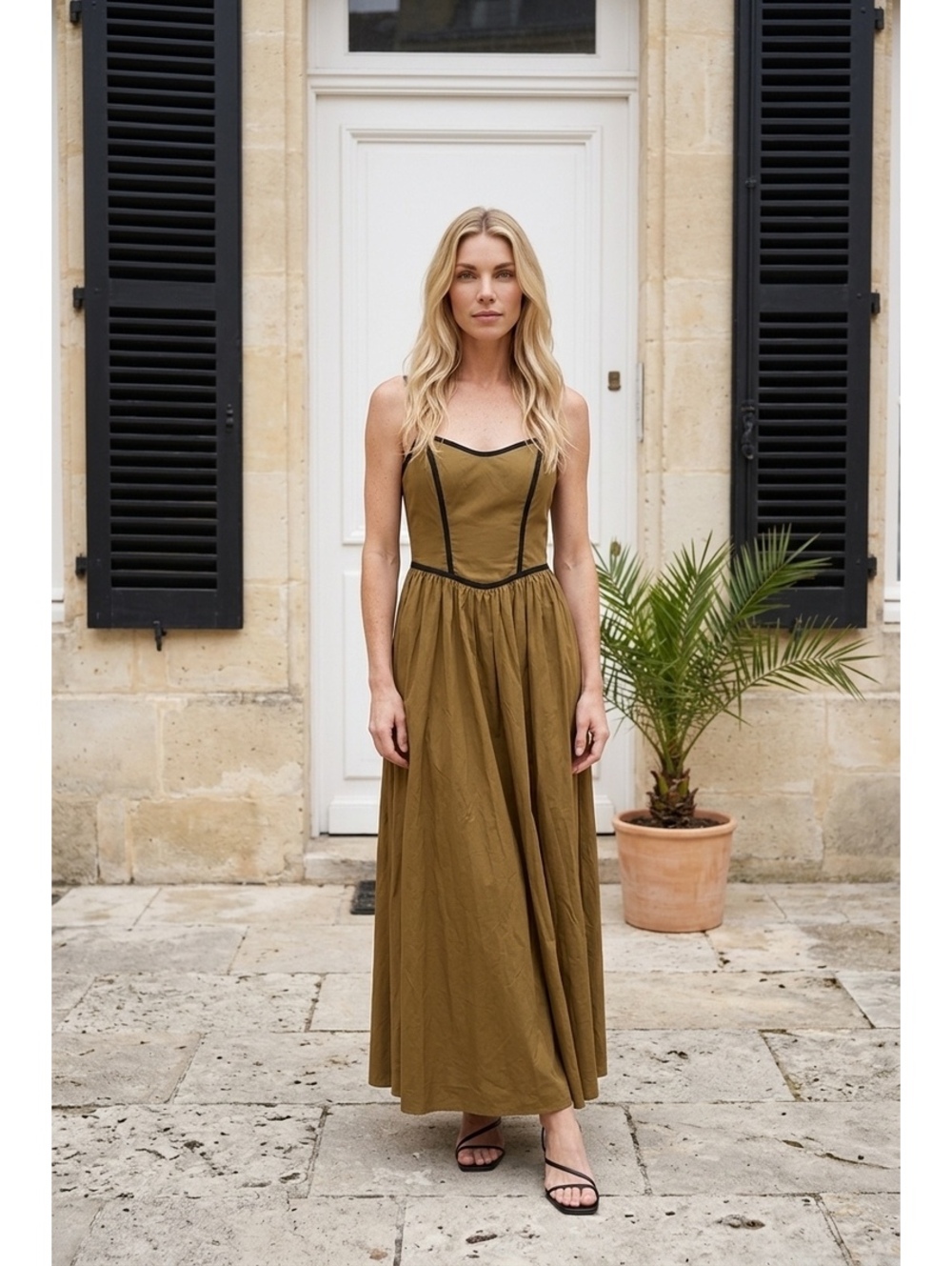 Moon River Olive Green Maxi Dress with Black Trim, Size XS, New with Tags